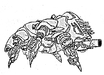 Insectoid "walking tank" with evil-looking big gun, lotsa missiles and an attitude, the GSB Armor